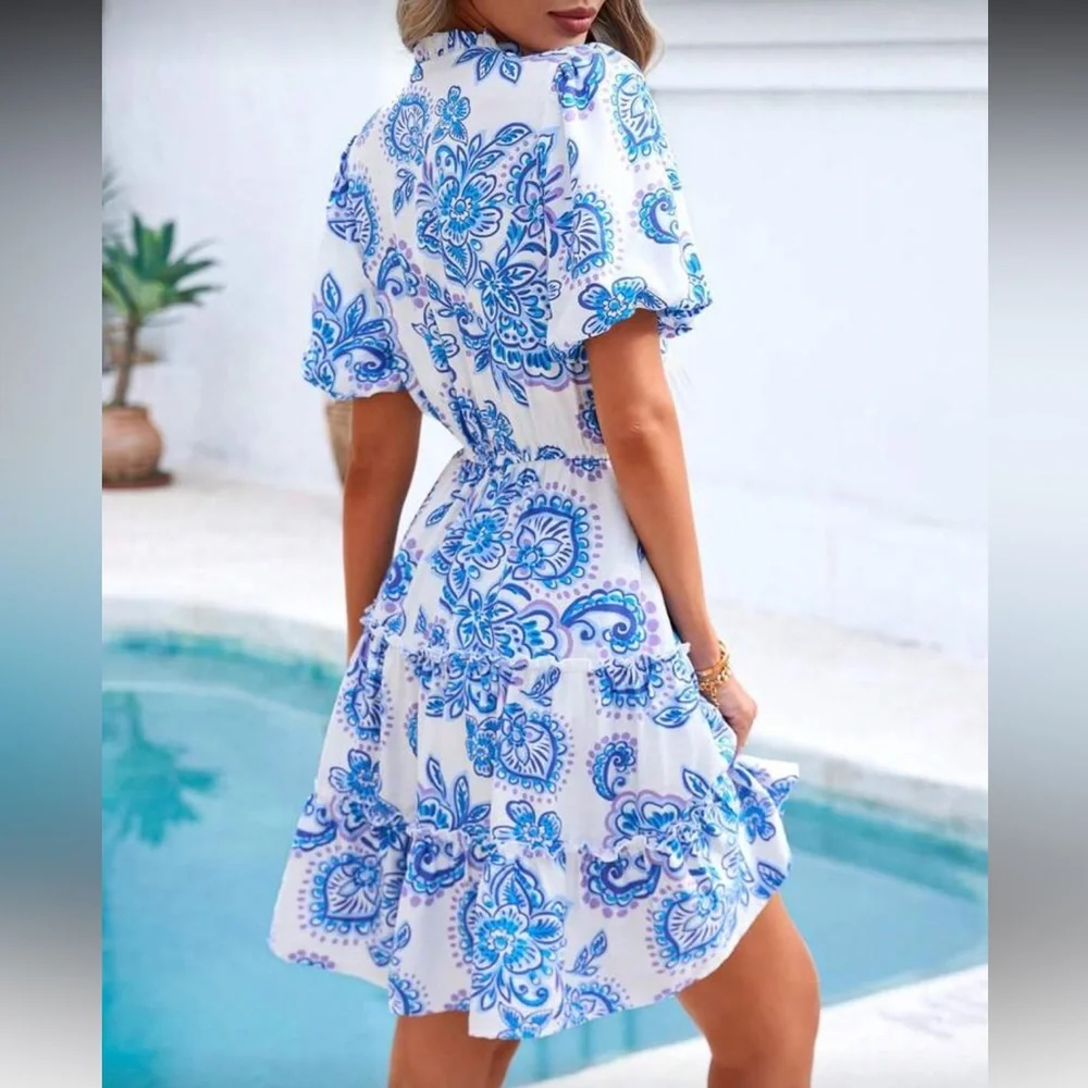 Blue and white floral print dress